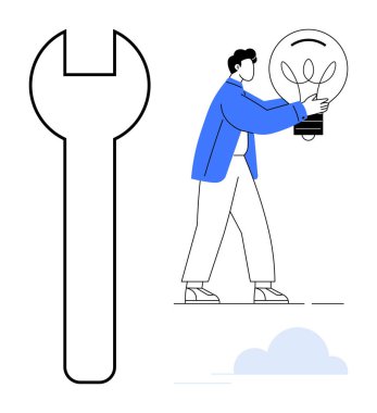 Büyük İngiliz anahtarı ve insan ampulü bilgi, yaratıcılık ve çözümler için bir araç olarak taşıyor. Yenilik, onarım, ilerleme, uyum sağlama, takım çalışması problem çözme büyümesi için idealdir. Basit düz