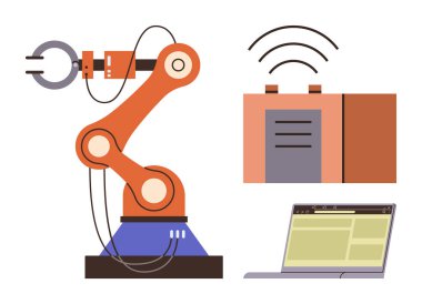 Uzaktan kumandalı kontrol modülü ile çalışan robot kolu sinyal gönderiyor ve bir dizüstü bilgisayar arayüzü. Robot bilimi, teknoloji, endüstriyel otomasyon, akıllı fabrikalar, mühendislik, yenilik, basit