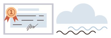 Birinci sınıf kurdeleli ve dalgalı çizgileri olan imzalı ödül sertifikası. Başarı, takdir, başarı, eğitim, bulut depolama, yaratıcılık ve yenilik için idealdir. Basit düz metafor