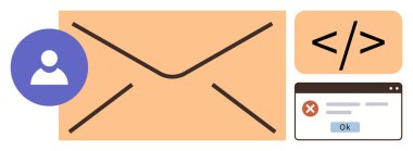 Büyük e- posta simgesi, kullanıcı profili, kod kırıntısı ve bir uyarı açılır pencere kavramları iletişimi, kullanıcı geribildirimi, hata işleme, e-posta kodlaması, web işlevselliği takım çalışması. Basit bir daire için ideal