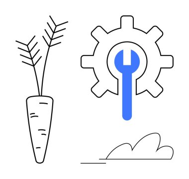 Bir dişlinin yanında ayrıntılı yaprakları olan havuç ve anahtar, tarım ve teknolojinin birleşimini temsil ediyor. Yenilik, sürdürülebilirlik, tarım teknolojisi, tarım çözümleri, araçlar, büyüme için ideal