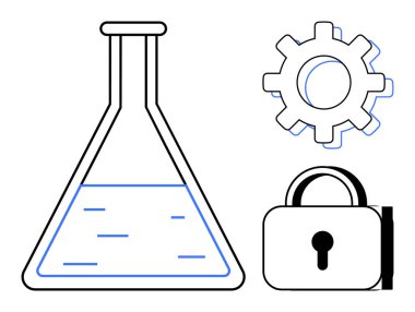 Sıvı, dişli sembollü laboratuvar şişesi ve yenilik, bilim, mühendislik, siber güvenlik, veri koruması, sistem otomasyonu ve teknolojik gelişim temalarını gösteren asma kilit. İdeal