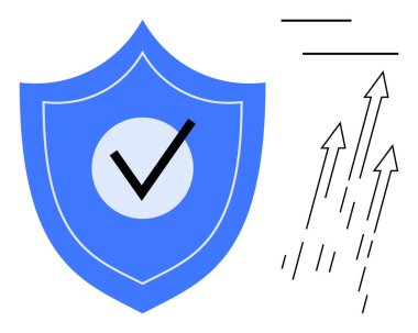 Yukarı doğru yükselen dikey okların yanında kontrol işareti olan mavi bir kalkan. Güvenlik, büyüme, başarı, koruma, ilerleme, başarı, güvenilirlik temaları için ideal. Basit bir düz metafor.