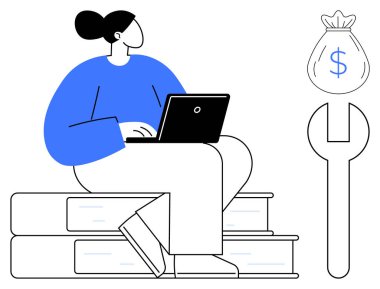 Yanında İngiliz anahtarı ve para çantası olan bir bilgisayarla kitapların üzerinde oturan kişi. Öğrenme, eğitim, yaratıcılık, finans, yenilik, teknoloji profesyonel gelişim için idealdir. Basit düz metafor