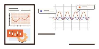 Analiz edilmiş veri eğilimlerini, istatistiksel grafikleri ve etiketli dalgalanmaları gösteren grafikler. Veri araştırmaları, istatistikler, mali içgörüler, iş eğilimleri, analitikler ve raporlama için ideal