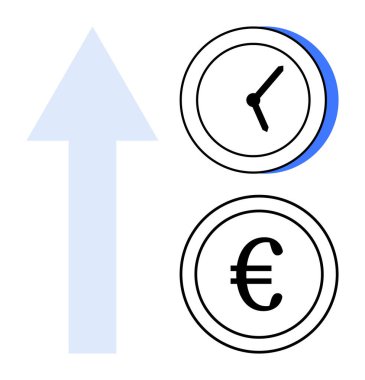 Saatin ve avronun yanındaki yukarı doğru büyük ok büyüme, verimlilik ve başarıyı simgeler. İş, finans, yatırım, üretkenlik, strateji karı ve ilerleme için idealdir. Basit düz metafor