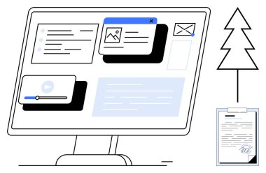 Tarayıcı pencerelerini, ortam oynatıcısını, metin, e-posta ve dosya yönetim araçlarını gösteren masaüstü monitörü. Ağaç ve belge eko-bilinçli ve uzak çalışma temaları vurguluyor. Çevrimiçi verimlilik için ideal