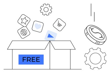 Açık kutu işaretli dijital ikonlar, kalp, küre, vites ve bozuk para ile birlikte alışveriş arabası. Serbest erişim için ideal, çevrimiçi araçlar, yaratıcılık, yenilik, dijital çözümler
