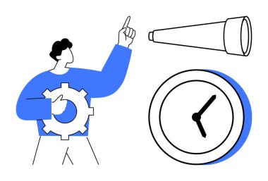 Saatin yanında teleskopu olan kişi stratejik vizyon, öngörü ve zaman yönetimini temsil ediyor. Planlama, üretkenlik, yenilik, odaklanma, verimlilik takım liderliği için ideal