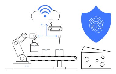 Taşıyıcı, peynir bloğu, parmak izi kalkanı ve kablosuz ikonlu bulut üzerinde robotik kol tutma kutuları. İOT, otomasyon, imalat, siber güvenlik, veri akışı gıda üretim teknolojisi için ideal