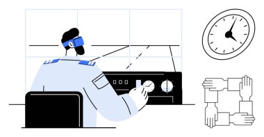 Pilot ya da operatör kontrol panelini ayarlıyor, zaman yönetimini işaret eden saat, el kare işbirliğini sembolize ediyor. Takım çalışması, sorumluluk, zaman, havacılık, liderlik, işlemler için ideal