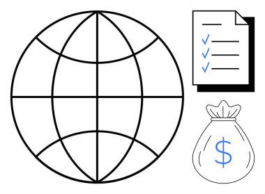 Kontrol listesi ve dünya çapında ticaret, finans ve ticareti ön plana çıkaran bir para çantasıyla küresel illüstrasyon. Ekonomi, küreselleşme, planlama, yatırım, büyüme, strateji ve pazar kavramları için ideal