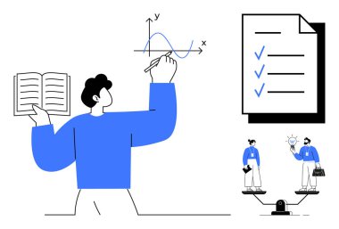 Elinde kitapla grafik denklemleri çözen adam, görevler için kontrol listesi ve fikir alışverişinde bulunan ekip. Eğitim, üretkenlik, araştırma, takım çalışması, analiz, planlama için ideal