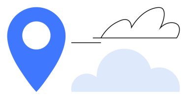 Mavi konum iğnesi soyut doğrusal ve katı bulutların yanında navigasyon, seyahat ve dijital bağlantı taşır. Haritalama, GPS, seyahat, bulut, iletişim, ağ ve teknoloji için ideal
