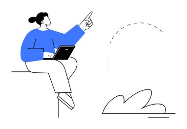 Pervazda dizüstü bilgisayarı tutan kişi, soyut nesneye giden kesik bir çizgiyle öne bakıyor. Odaklanma, strateji, yenilik, planlama, büyüme, liderlik motivasyonu için ideal. Basit düz