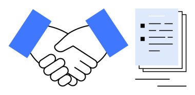 Sözleşme belgelerinin yanında işaret eden el sıkışma işaretleri. Ortaklık, işbirliği, anlaşma, iş anlaşması, pazarlık, güven ve takım çalışması için ideal. Basit bir düz metafor.