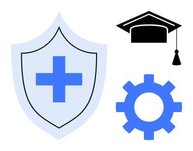 Sağlık, bilim, eğitim ve yenilikleri temsil eden tıbbi haç, mezuniyet şapkası ve teçhizatı olan bir kalkan. Sağlık, teknoloji, eğitim güvenlik politikası takım çalışması ve işbirliği için ideal