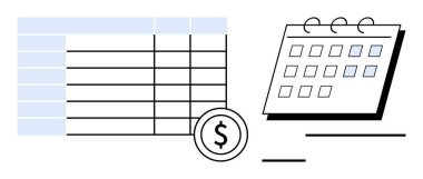 Hesap tablosu ve takvimde madeni para hesaplama, planlama ve bütçeyi sembolize ediyor. Finans, planlama, planlama, tasarruf, zaman yönetimi, organizasyon için ideal