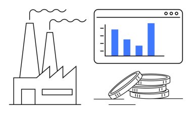 Duman yayan bir fabrika, tarayıcı penceresinin içinde bir bar çizelgesi ve istiflenmiş paralar. Finans, endüstri, ekonomi, imalat, yatırım stratejisi ve istatistik için ideal. Basit düz