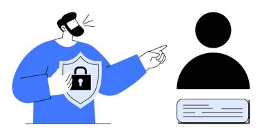 Mavi elbiseli adam kilit amblemli, kullanıcı profilini işaret ediyor. Veri gizliliği, koruma, savunma, siber güvenlik, kullanıcı güvenliği, çevrimiçi güvenlik iletişimi için ideal. Basit düz