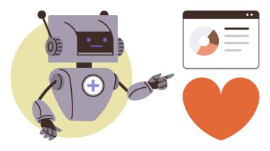 Bir veri tablosunu işaret eden robot, sağlığı simgeleyen büyük bir kalp ikonu. Sağlık, yapay zeka, tıbbi yenilik, veri analizi, hasta bakımı, otomasyon fütüristik teknoloji için ideal. Basit düz metafor