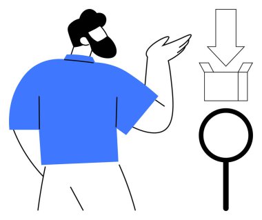 Mavi gömlekli adam açık kutuyu işaret ediyor, aşağı ok ve büyüteç. Lojistik, dağıtım, e-ticaret, navigasyon, teftiş iletişim araçları için ideal. Basit düz metafor