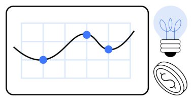 Şebeke ekranında veri noktaları olan çizgi grafiği, yenilik için ampul, finansal ilerleme için para. Analiz, yenilik, strateji, finans ve büyüme eğitimi için ideal. Basit düz