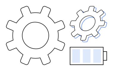 İki iç içe geçmiş vites ve bir pil enerji transferi ve mekanizma verimliliğini vurguluyor. Teknoloji, yenilik, üretkenlik, enerji, mühendislik, iş akışı ve sürdürülebilirlik için ideal