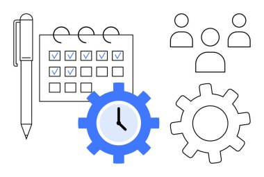 Görev takvimine yakın kalem, dişli saat, ve planlama, zaman yönetimi, verimlilik, işbirliği, hedef belirleme, iş akışı optimizasyonu ve proje organizasyonunu gösteren takım figürleri. Basit.