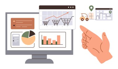Bilgisayar ekranında alışveriş arabası trendleri, grafikleri ve turta grafikleri, lojistiğin yanı sıra el işaretleri görülüyor. E-ticaret, veri analizi, çevrimiçi alışveriş, nakliyat, iş büyümesi için ideal