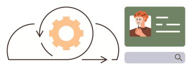 İçinde oklar, kullanıcı profili kartı ve senkronizasyonu temsil eden arama çubuğu, kullanıcı veri yönetimi ve teknoloji erişimi olan içerideki bulutlar. Otomasyon, bulut hesaplama ve dijital için ideal