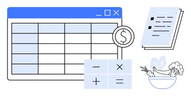 Finansal hesaplamalar, dolar simgesi, kontrol listesi ve bütçe, yemek planlama, finans yönetimi, muhasebe, masraf kontrolü, verimliliği temsil eden sebze tablosu.