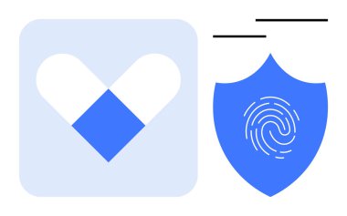 Kalkanın yanında mavi ve beyaz renkli Geometrik kalp ve parmak izi kalıbı. Sağlık, güvenlik, koruma, veri gizliliği, dijital kimlik, güvenlik ve güven için idealdir. Basit düz metafor