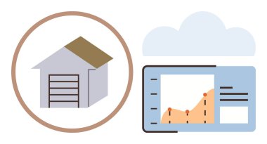 Bulut bağlantılı analitik panel ile daire içine alınan ev, veri görselleştirmesini gösteriyor. Teknoloji için ideal, akıllı ev, yenilik, IOT, veri izleme, mülkiyet yönetimi, basit daire