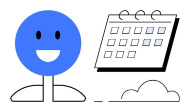 İşaretli tarihleri ve basit bir bulutu olan spiral çizgili bir takvimin yanında gülümseyen mavi figür. Planlama, zaman yönetimi, üretkenlik, organizasyon, hedef belirleme, pozitiflik, basit daire