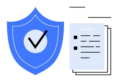 Koruma, güven ve anlaşmayı gösteren işaretli mavi bir kalkan ve istiflenmiş belgeler. Gizlilik, yasal uyum, güvenlik, güvence, düzenleme, siber güvenlik ve doğrulama için ideal