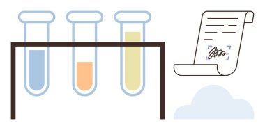 Askıda renkli sıvılar olan üç test tüpü ve bulut yanında imzalı belgeler. Bilim, araştırma, kimya, yenilik, analiz, laboratuvar çalışması ve eğitim için ideal. Basit düz metafor