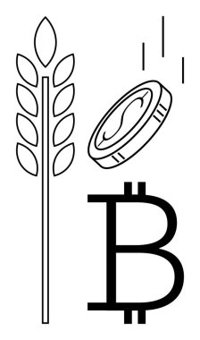 Düşen madeni para ve Bitcoin sembollü tahıl kulağı tarım ve dijital finansmanın füzyonunu gösteriyor. Fintech, tarım yeniliği, kripto para birimi, yatırım, engelleme zinciri, ekonomi için ideal