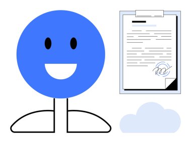 İmzalanmış belge ve bulutun yanında gülümseyen mavi figür başarılı bir anlaşmayı yansıtıyor. Dijital imza araçları, onay süreçleri, takım çalışması, çevrimiçi sertifika, sözleşmeler, iş akışı için ideal