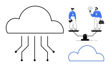 Bulut altyapısı çizgilerle bağlantılı, iki profesyonel aynı ölçekte fikirleri paylaşıyor. Takım çalışması, ağ oluşturma, yenilik, bulut depolama, iş, teknoloji, uzak iş akışı için ideal