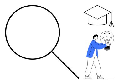 Büyüteç, mezuniyet şapkası, ampul tutan kişi öğrenmeyi, yeniliği, araştırmayı, keşfi sembolize ediyor. Eğitim için ideal, yaratıcılık çalışması hedefler keşfetmek problem çözmek için. Basit.