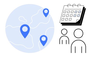 Basitleştirilmiş bir dünya haritasında mavi konum işaretleri, yırtılabilir sayfaları olan takvim ve iki insan figürü. Program, planlama, takım işbirliği, seyahat yönetimi, küresel ağ, etkinlik için ideal