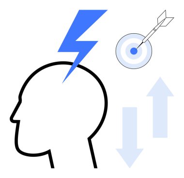 Yıldırımlı baş silueti fikirleri sembolize ediyor, hedefleri ok, ve dinamikler için yukarıdan aşağıya oklar. Yenilik, hedefler, strateji, odaklanma, yön, sorun çözme için ideal