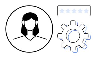 Çemberdeki kadın avatarı, yıldız tabanlı derecelendirme ölçeği ve kişiselleştirme için donanım. UX tasarımı, kullanıcı profili, ayarlar, geri bildirim, analitik kişiselleştirme dijital kimlik için idealdir. Basit düz