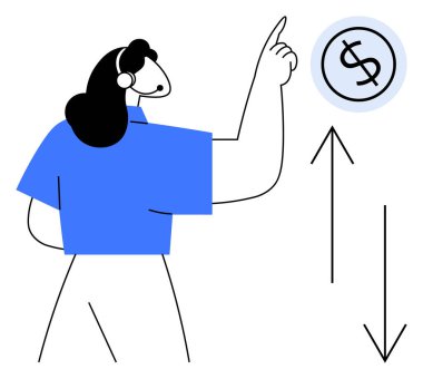 Kulaklık takan kadın yukarı ve aşağı oklarla dolar işaretini işaret ediyor. Finans, müşteri hizmetleri, iş stratejisi, yatırım, iletişim, ekonomi, basit düz metafor