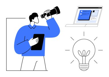 Tablet tutan adam, keşif için teleskop kullanıyor. Laptop ve parlayan ampul fikir üretimini temsil ediyor. Yaratıcılık, yenilik, problem çözme, strateji, araştırma, keşif için ideal basit