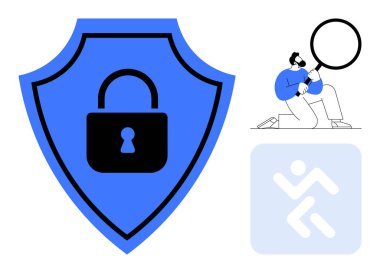 Siyah kilidi olan mavi kalkan, büyüteç tutan kişi verileri inceliyor, sistem bağlantılarının sembolü. Siber güvenlik, veri koruması, analiz, gizlilik, güvenlik, soruşturma sistemi için ideal