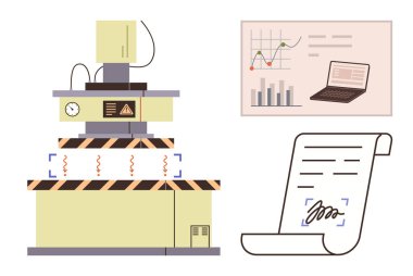 Endüstriyel makine, dizüstü bilgisayarlı analitik çizelge ve imalat, üretim analizi, iş akışı optimizasyonu, veri izleme, sözleşme onayı, dijital işlemeyi temsil eden imzalı belge.