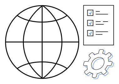 Izgara çizgileri olan dünya, işaretli kontrol listesi, işlem optimizasyonu için teçhizat. Küresel strateji, görev yönetimi, sistem entegrasyonu, takım çalışması, organizasyon, üretkenlik için ideal