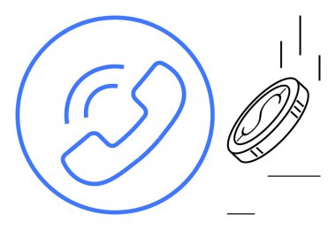 Çemberin içindeki mavi telefon çağrısı sembolü, ses dalgaları, yanında siyah madeni para. İletişim maliyetleri, ödeme, destek hizmetleri, dijital ekonomi, işlemler, haberleşme için ideal